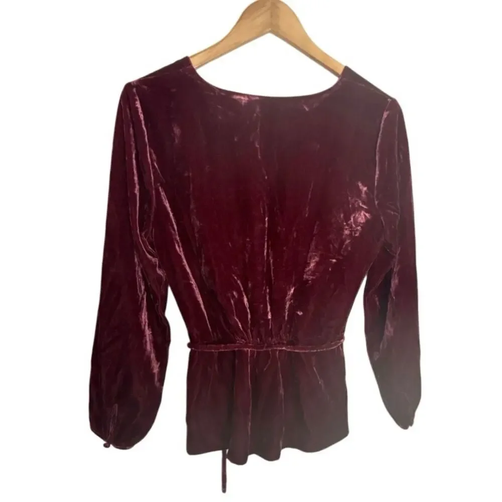 J.Crew Burgundy Velvet Wrap Style Peplum Top Tie Waist Long Sleeve Size 4